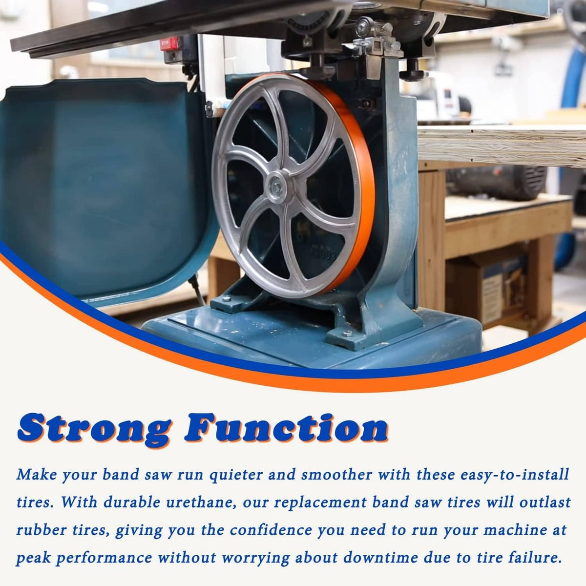 Urethane band saw tire installed on a dark band saw wheel with orange rim