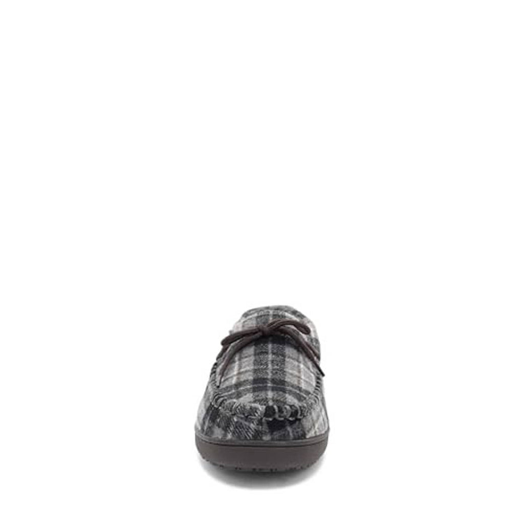 Grey plaid moccasin slippers front view with lace-up and dark tread sole