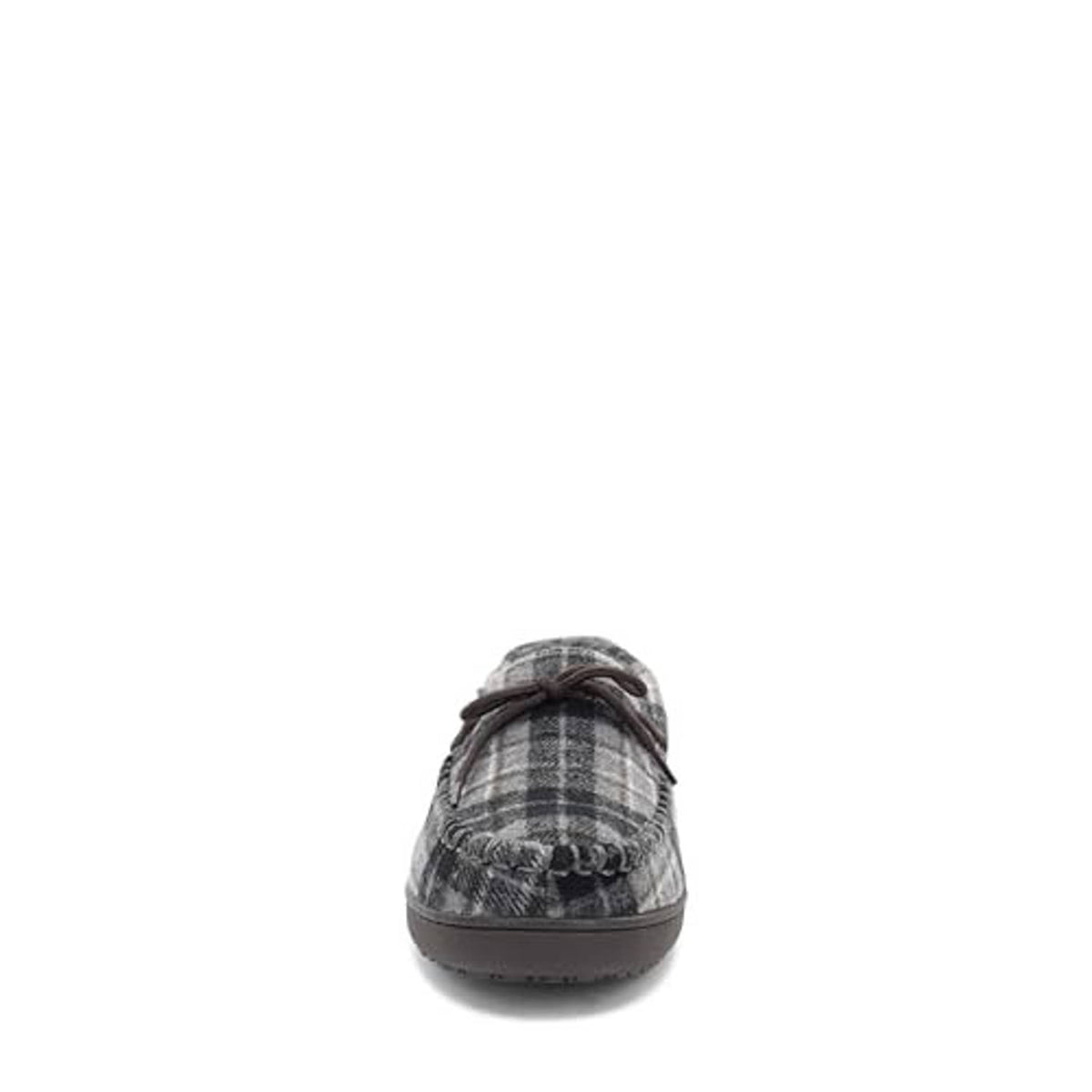 Grey plaid moccasin slippers front view with lace-up and dark tread sole
