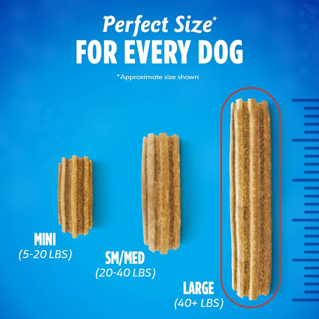 Purina DentaLife chew size guide showing mini, small/medium, and large sizes