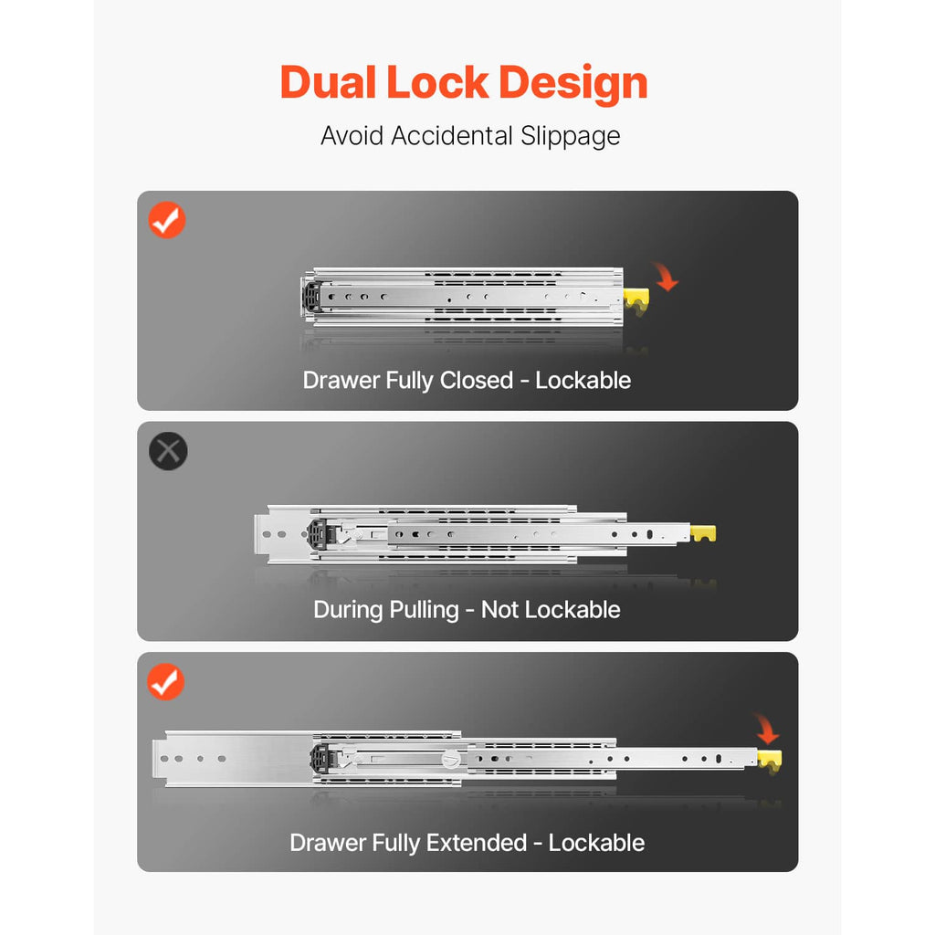 Lockable drawer slide rails diagram showing fully closed and fully extended positions.