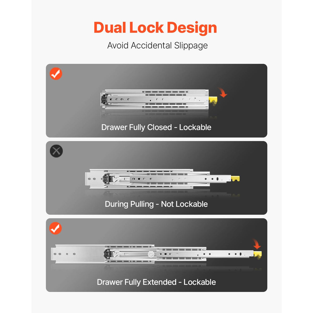 Lockable drawer slide rails diagram showing fully closed and fully extended positions.
