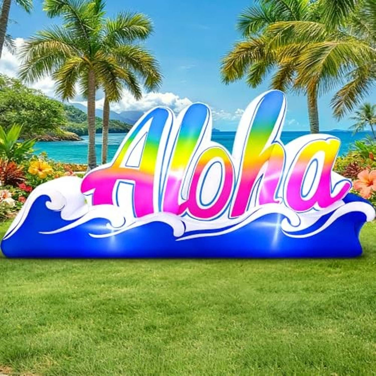 Inflatable Aloha banner sign with multicolor Aloha script and white wave border