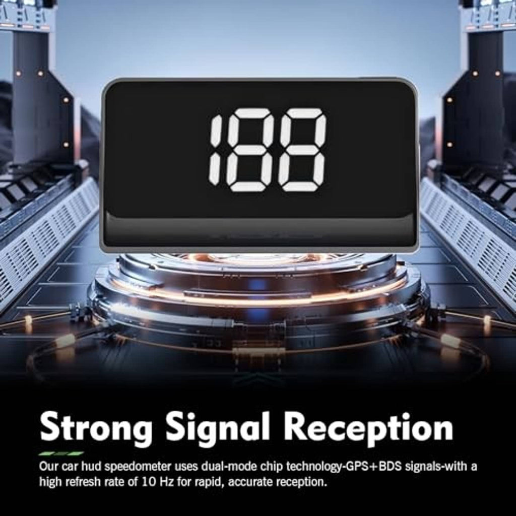 Car heads-up display speedometer with dark screen and large white 108 digits
