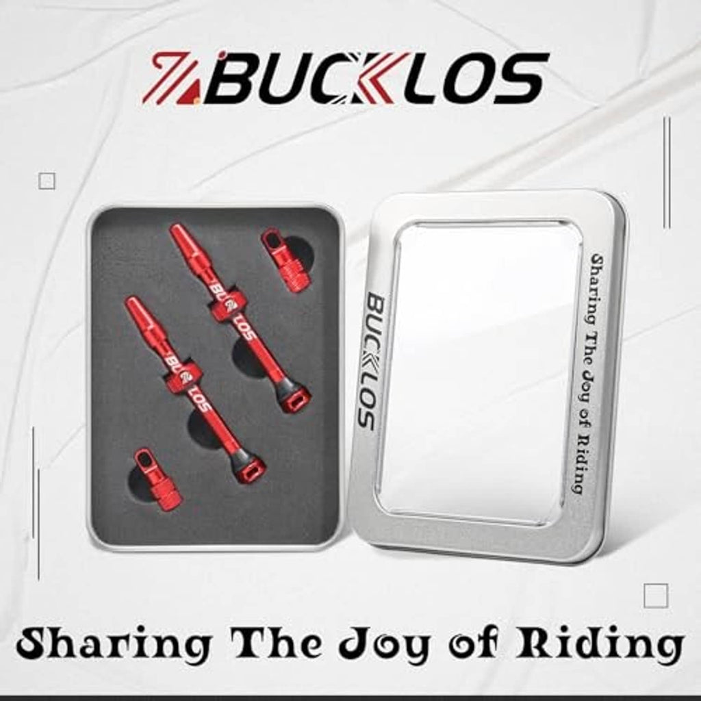 BUCKLOS valve stem kit tin packaging with red Presta stems