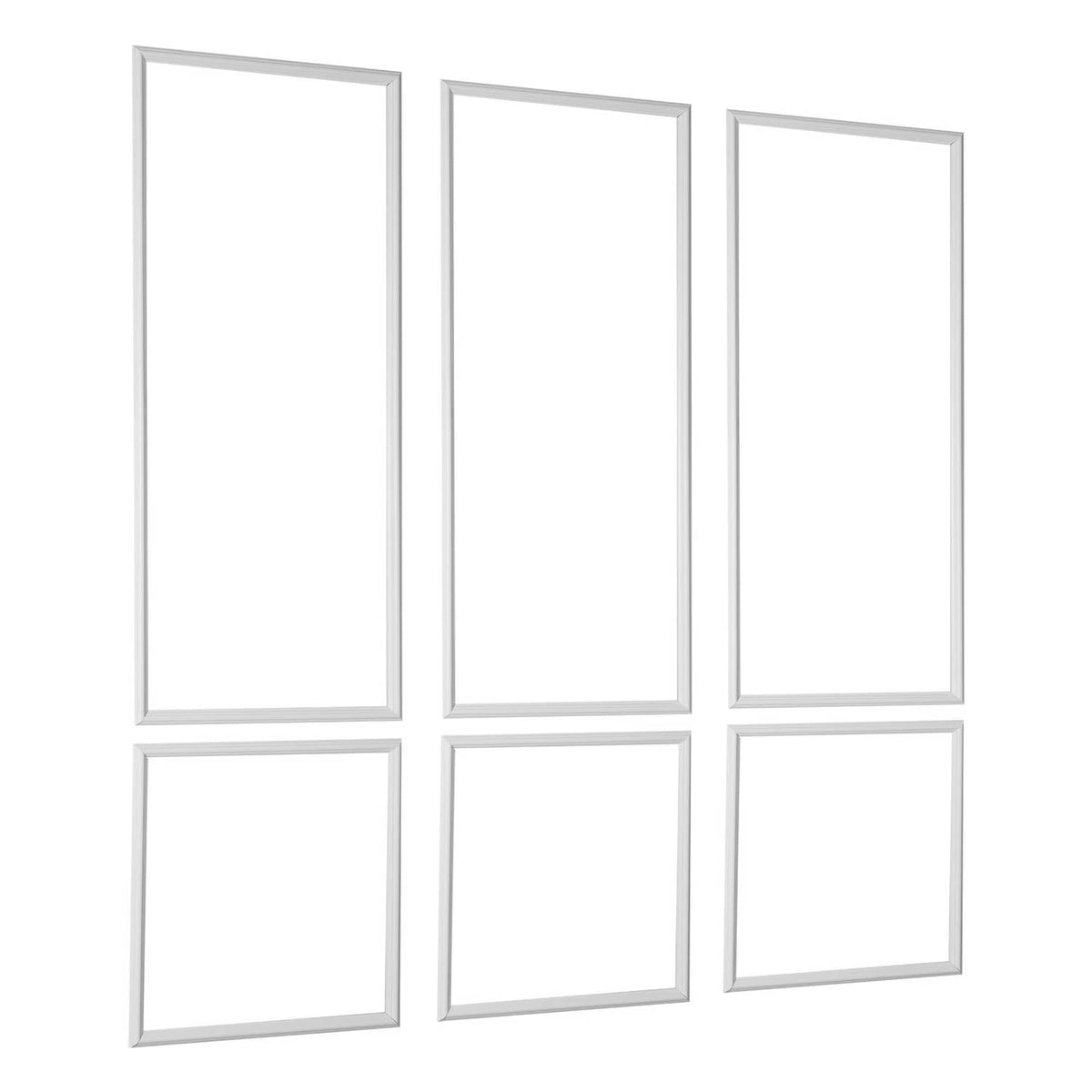 White decorative wall molding set with three tall frames and three square accents