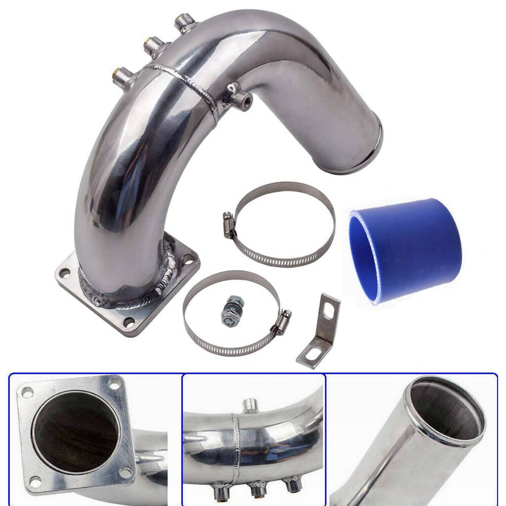 Stainless steel intake elbow tube with mounting flange, includes blue silicone coupler and clamps