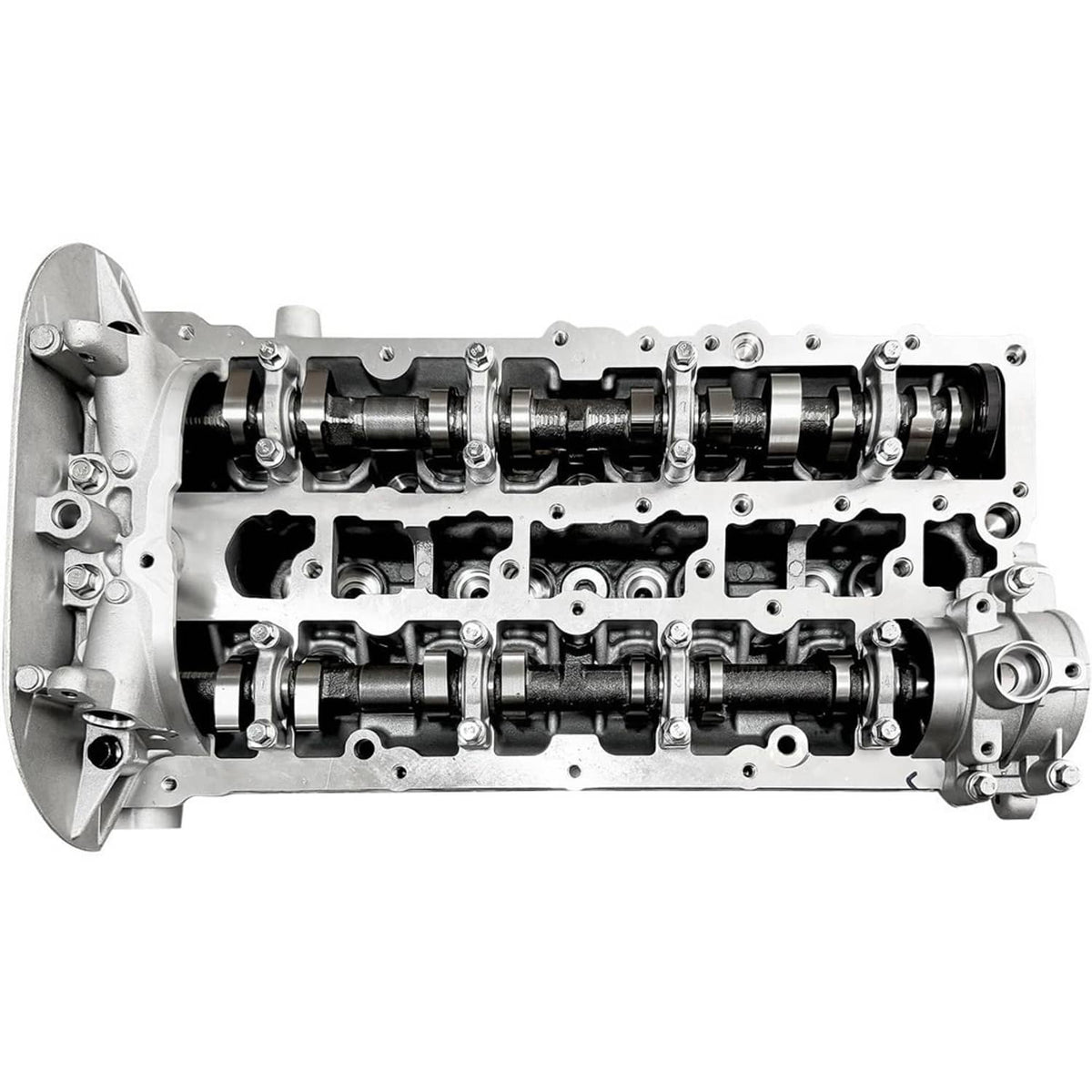 Cylinder head assembly with camshafts and valve components, exposed on metal housing