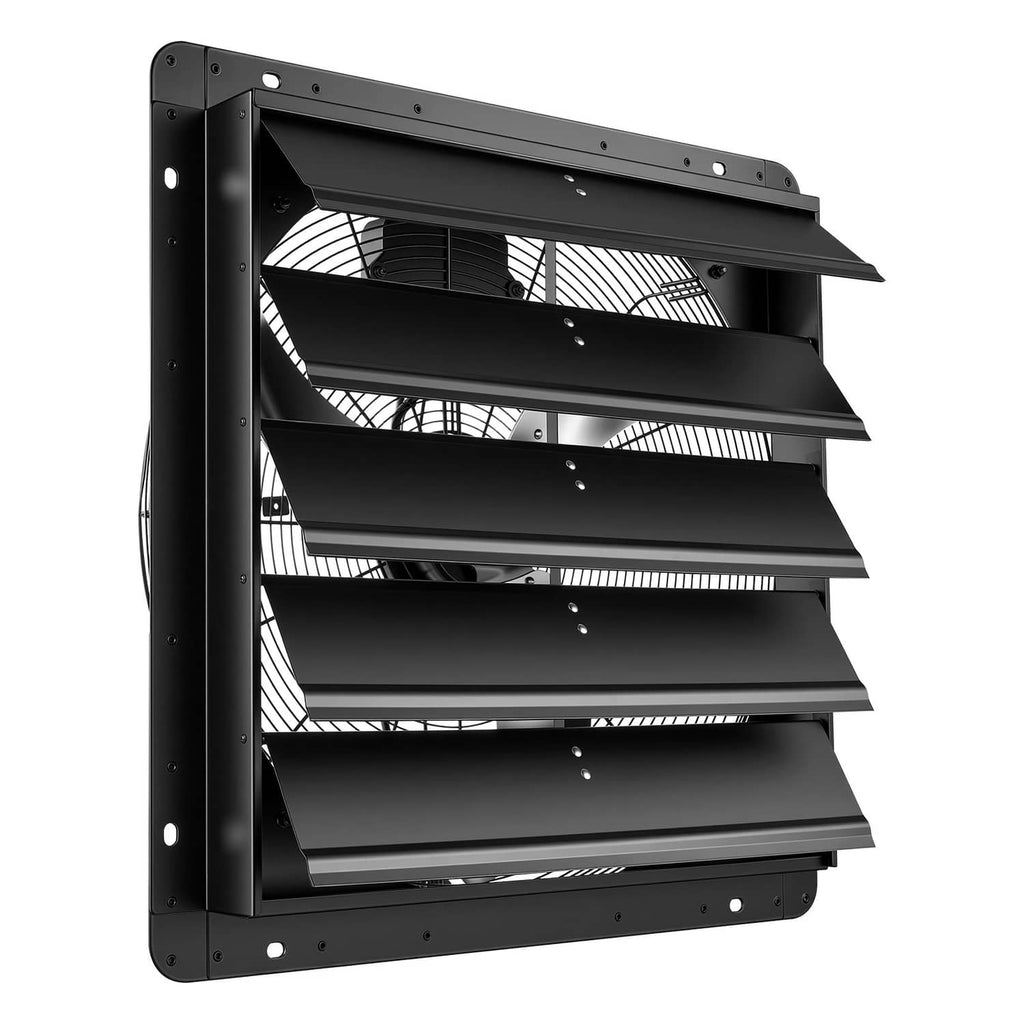 Black wall-mounted shutter exhaust fan with louvered shutters and mounting holes
