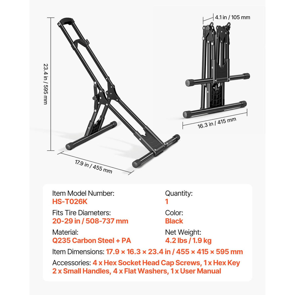 Black foldable bike rack with adjustable arms and fork clamp, dimension diagram
