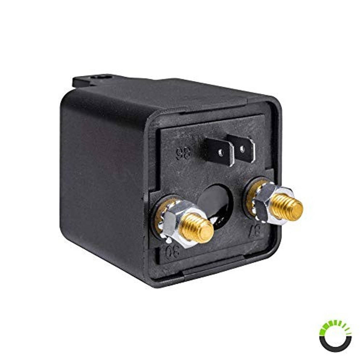 Black 12V DC split charge relay switch rear view with two threaded posts and terminals