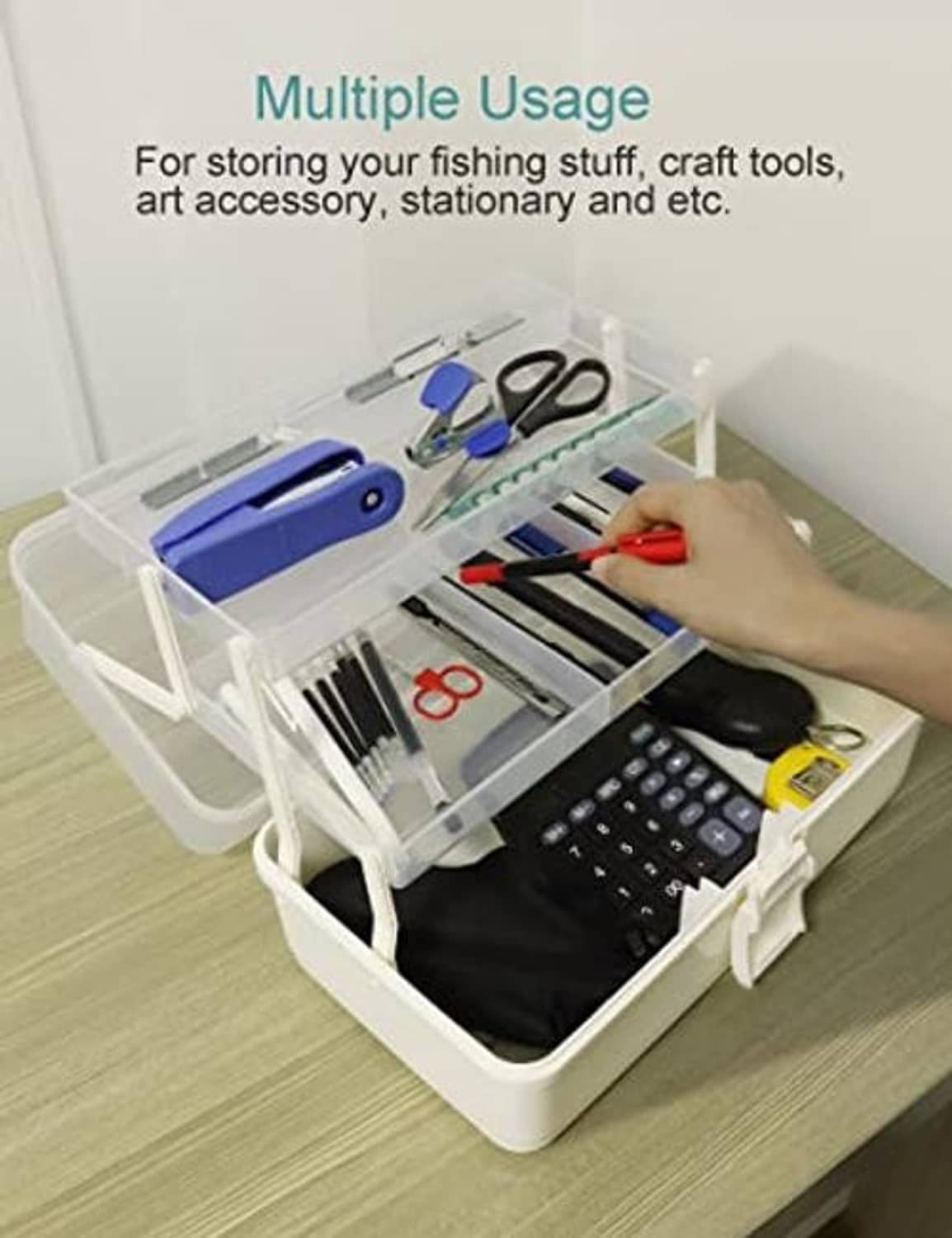 White tackle storage box with open lid, inner trays filled with tools and accessories