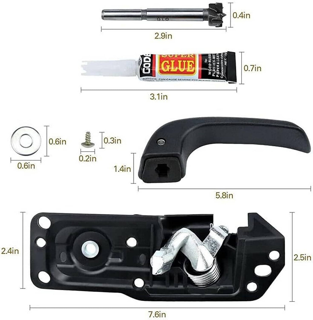 Black interior door handle repair kit with torsion spring mechanism and mounting hardware.