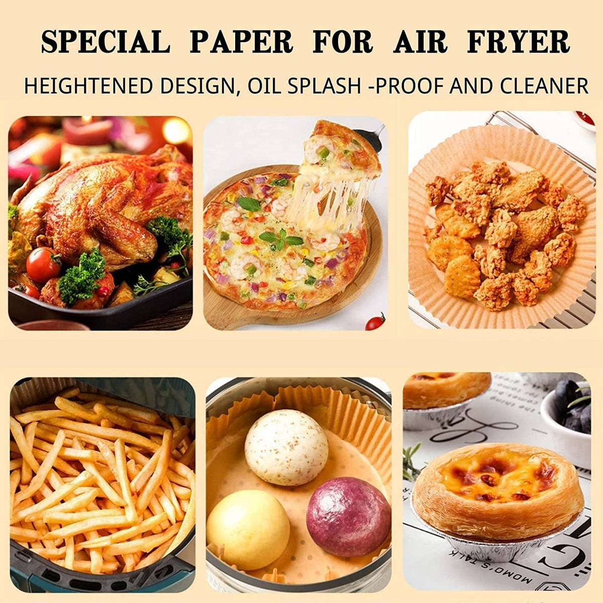 Air fryer paper liners shown with multiple food types in disposable cups