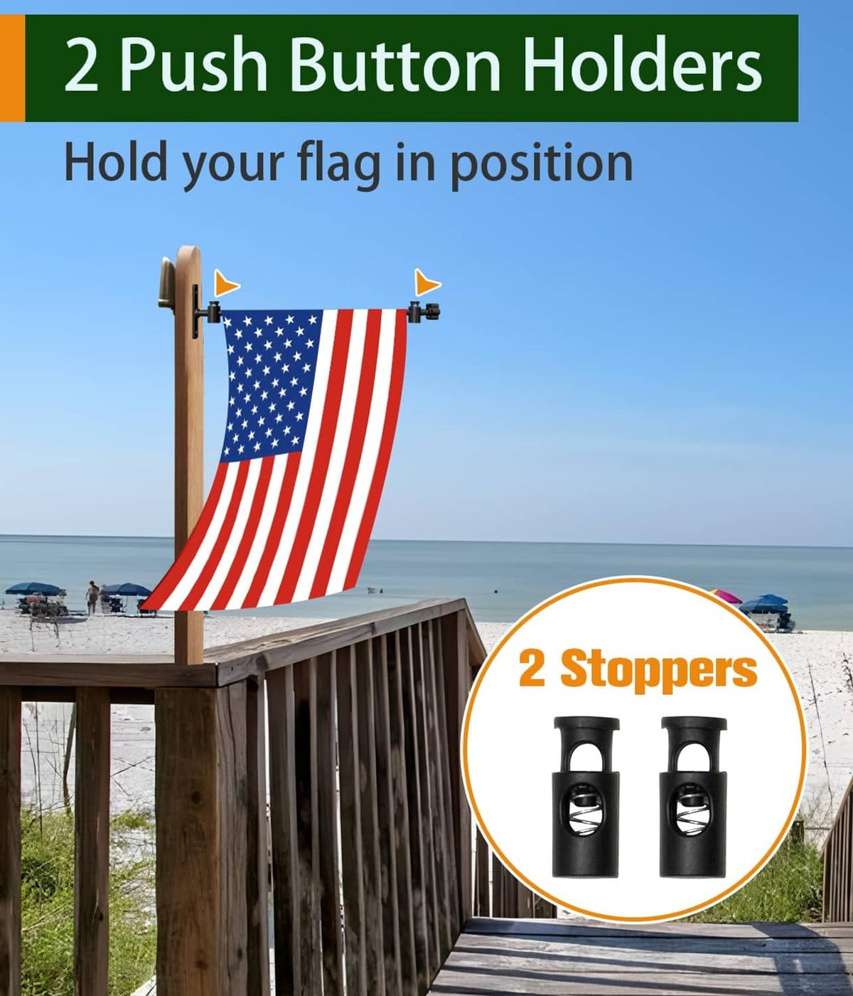 Black push-button flag holder stand with two stoppers, shown holding a garden flag
