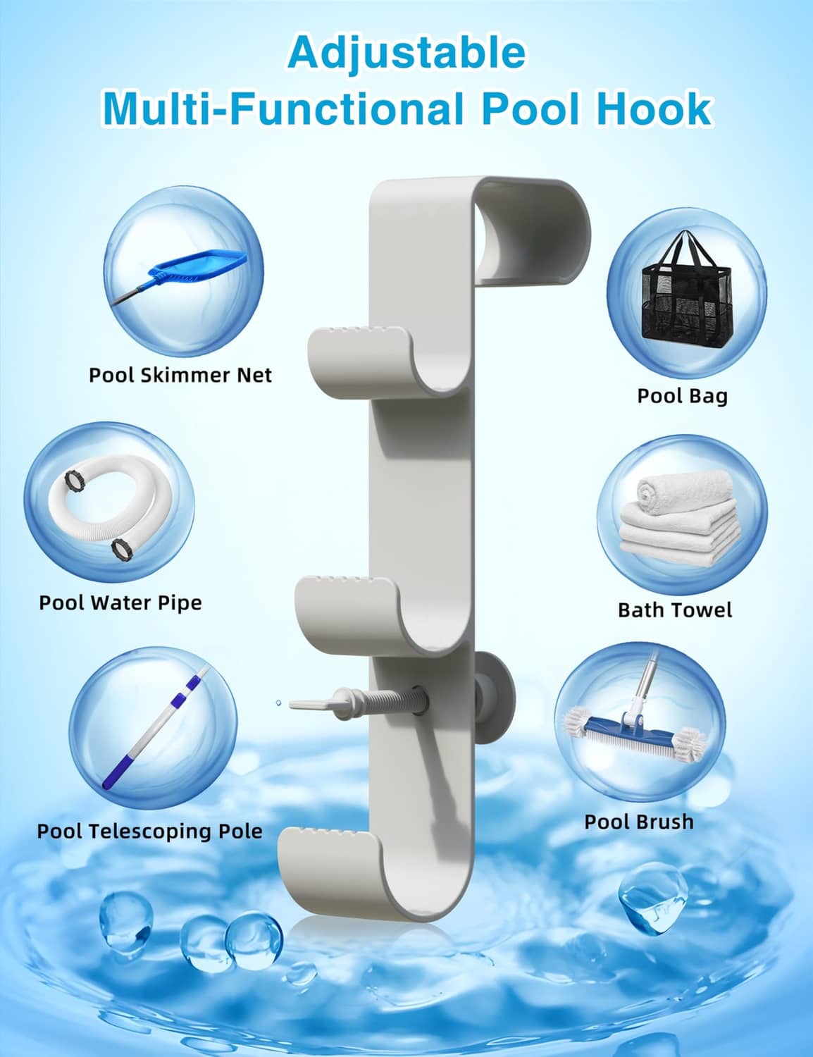 Adjustable multi-purpose pool hook bracket with three hook ends for tools
