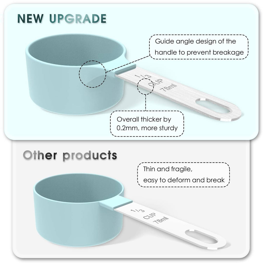 Teal measuring cup with attached long handle measuring spoon for dry ingredients