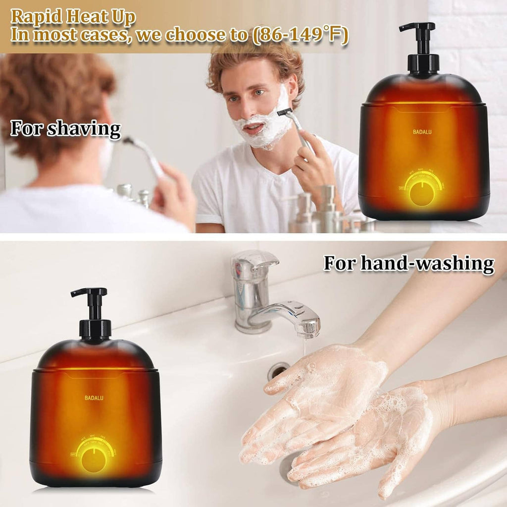 Amber hot lather machine with pump dispenser and glowing temperature dial