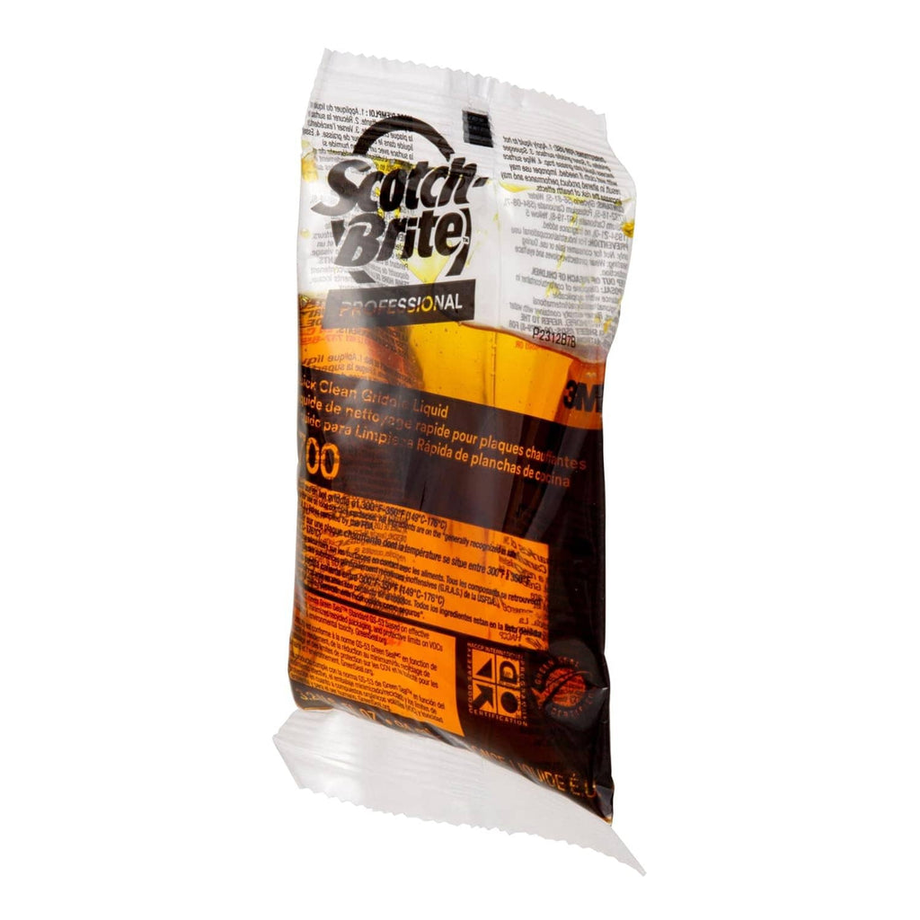 Scotch-Brite griddle cleaning liquid packet, 3.2 oz, angled with orange center band