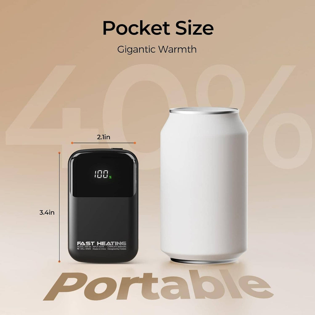 Black rechargeable hand warmer with LCD screen, shown with a second matching warmer