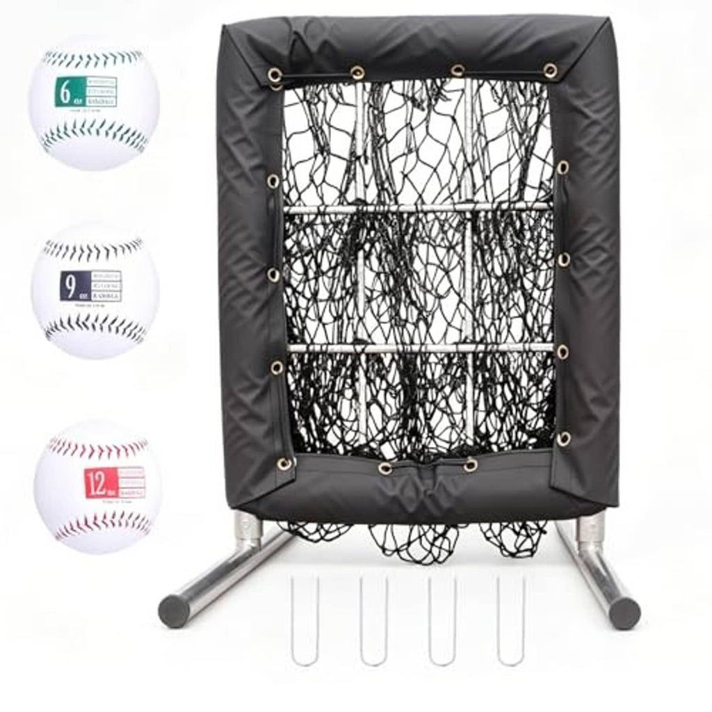 Black baseball pitching net with 9-hole strike zone target and adjustable-height stand