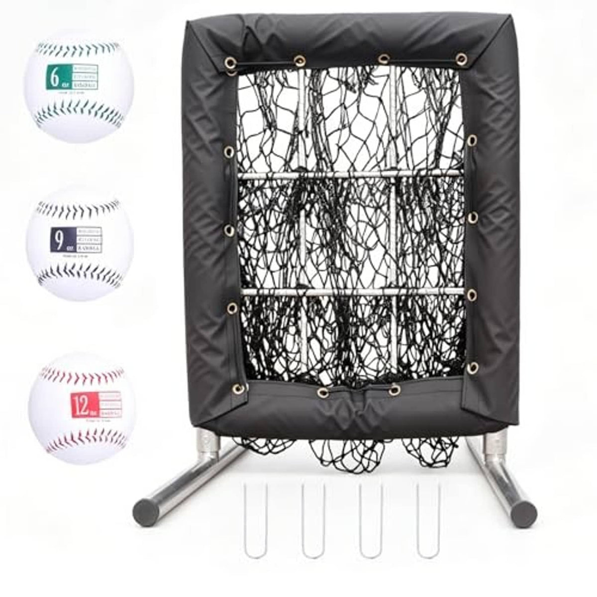 Black baseball pitching net with 9-hole strike zone target and adjustable-height stand