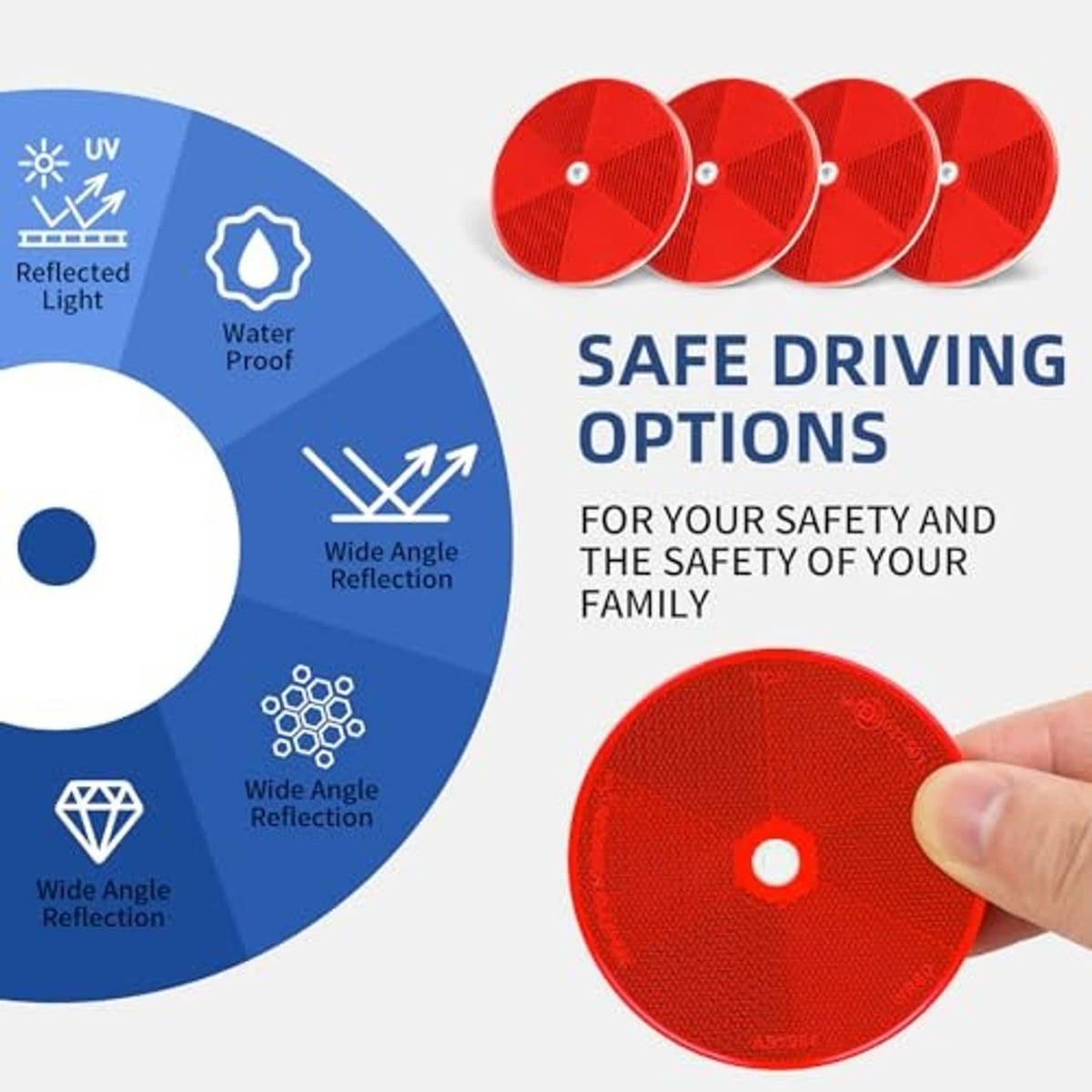 Red round screw-on reflector set with one reflector held in hand