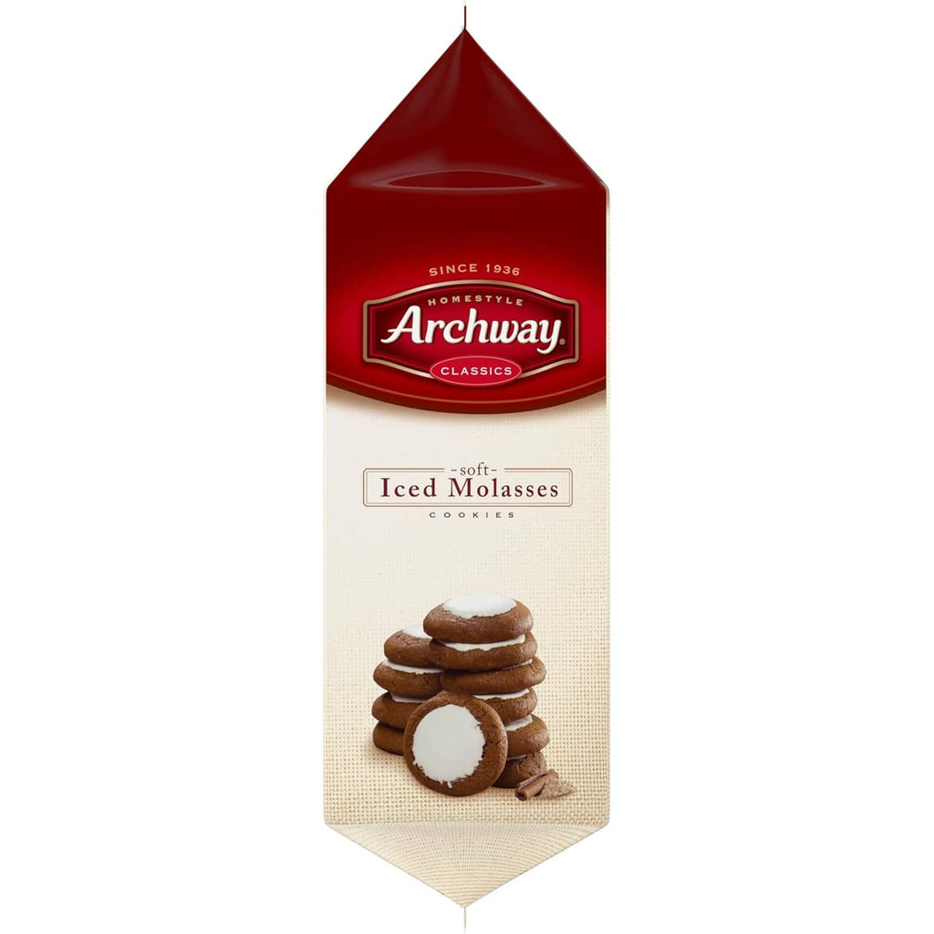 Iced molasses cookies package with red top and stacked brown cookies with white centers