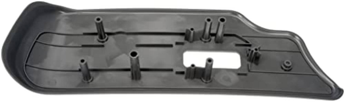 Front driver seat track cover underside, dark gray plastic with ribs and mounting tabs