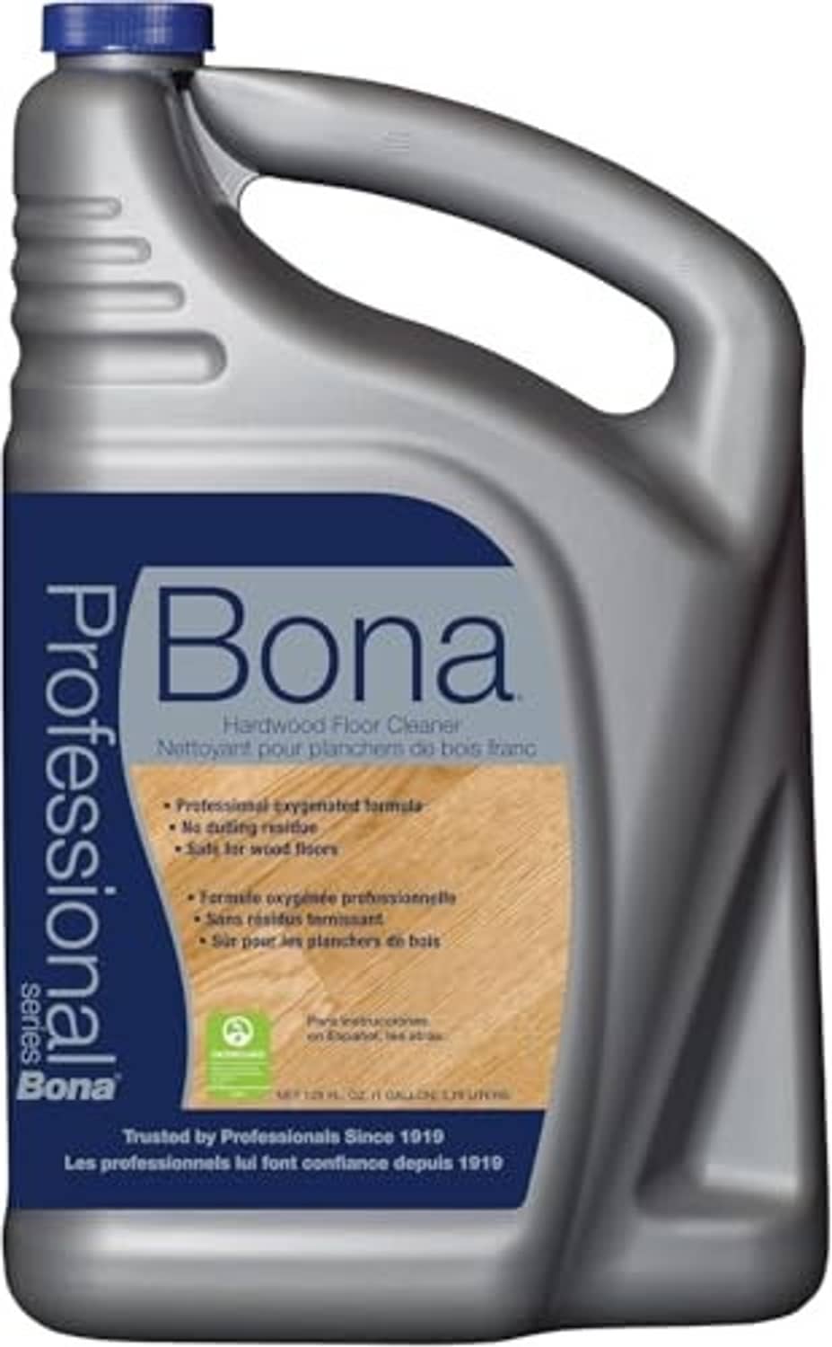Hardwood floor cleaner refill jug with Bona label and blue cap, 128 fl oz