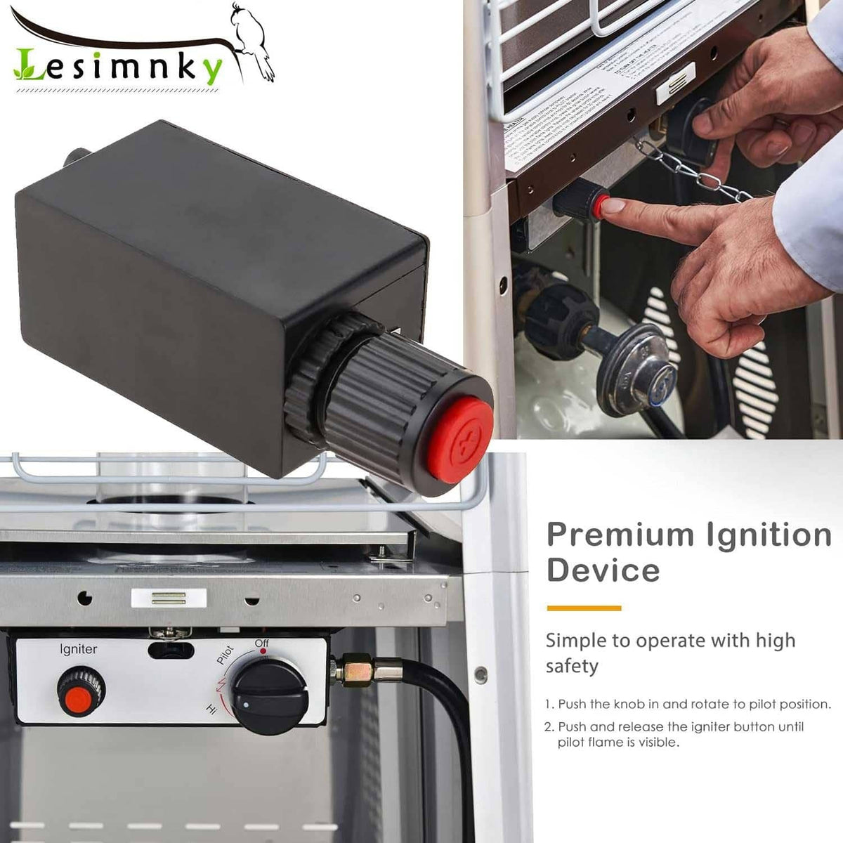 Electronic ignition module with red push button installed on patio heater control panel