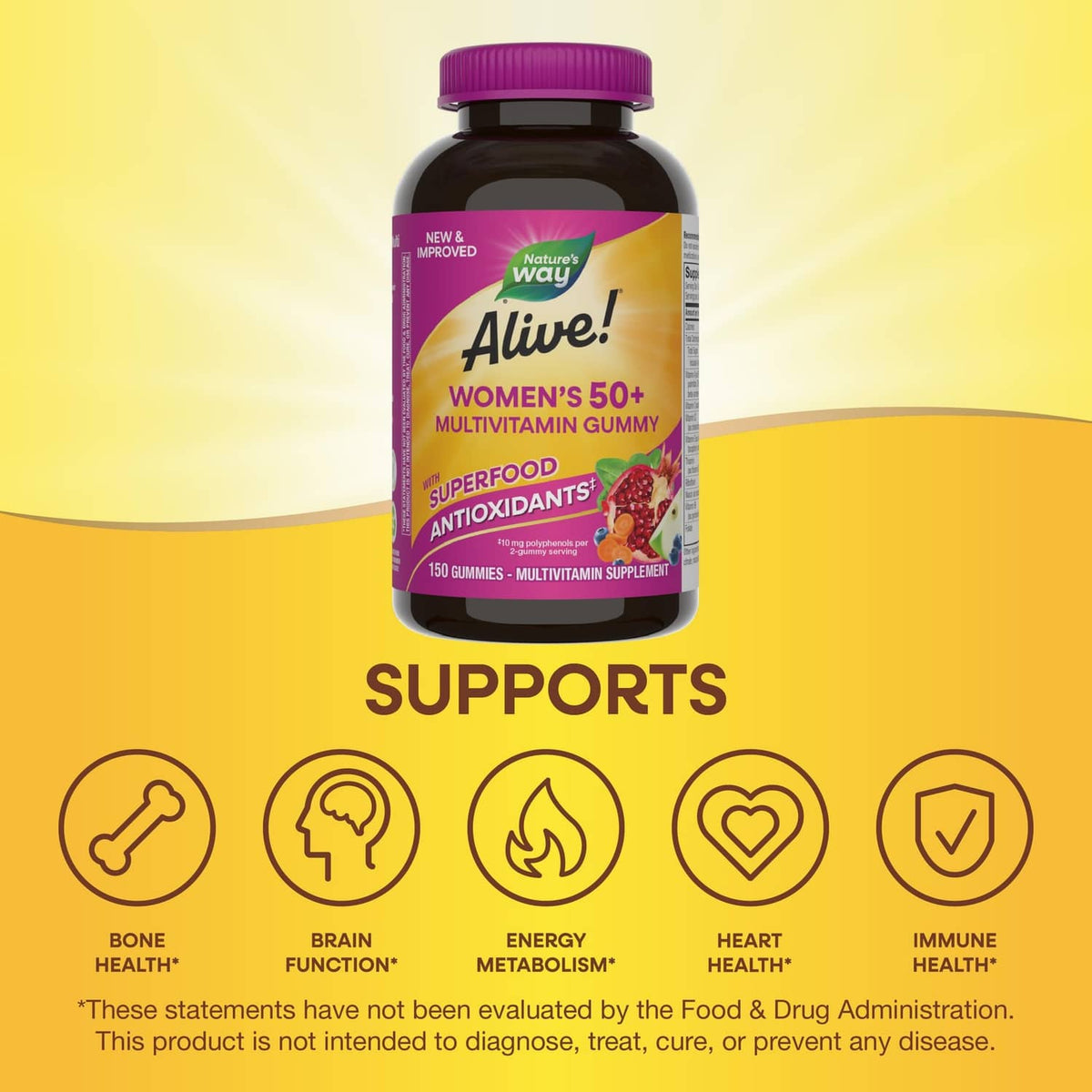 Women’s multivitamin gummy bottle with purple cap and dark brown label jar