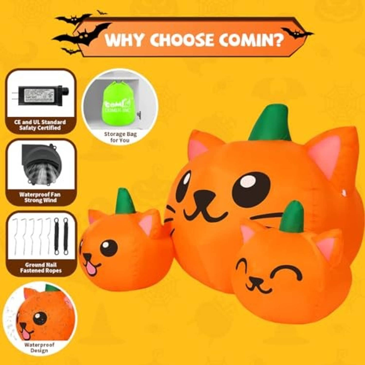 Orange inflatable cat-head trio with green cone hats, accessories and features graphic