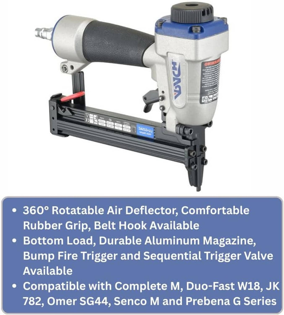 Pneumatic 18-gauge stapler tool with gray body, black grip, and long metal nose