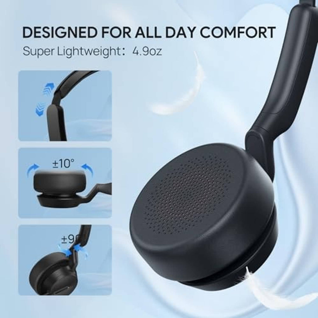 Black over-ear headset with textured ear cushion, curved headband, and boom mic