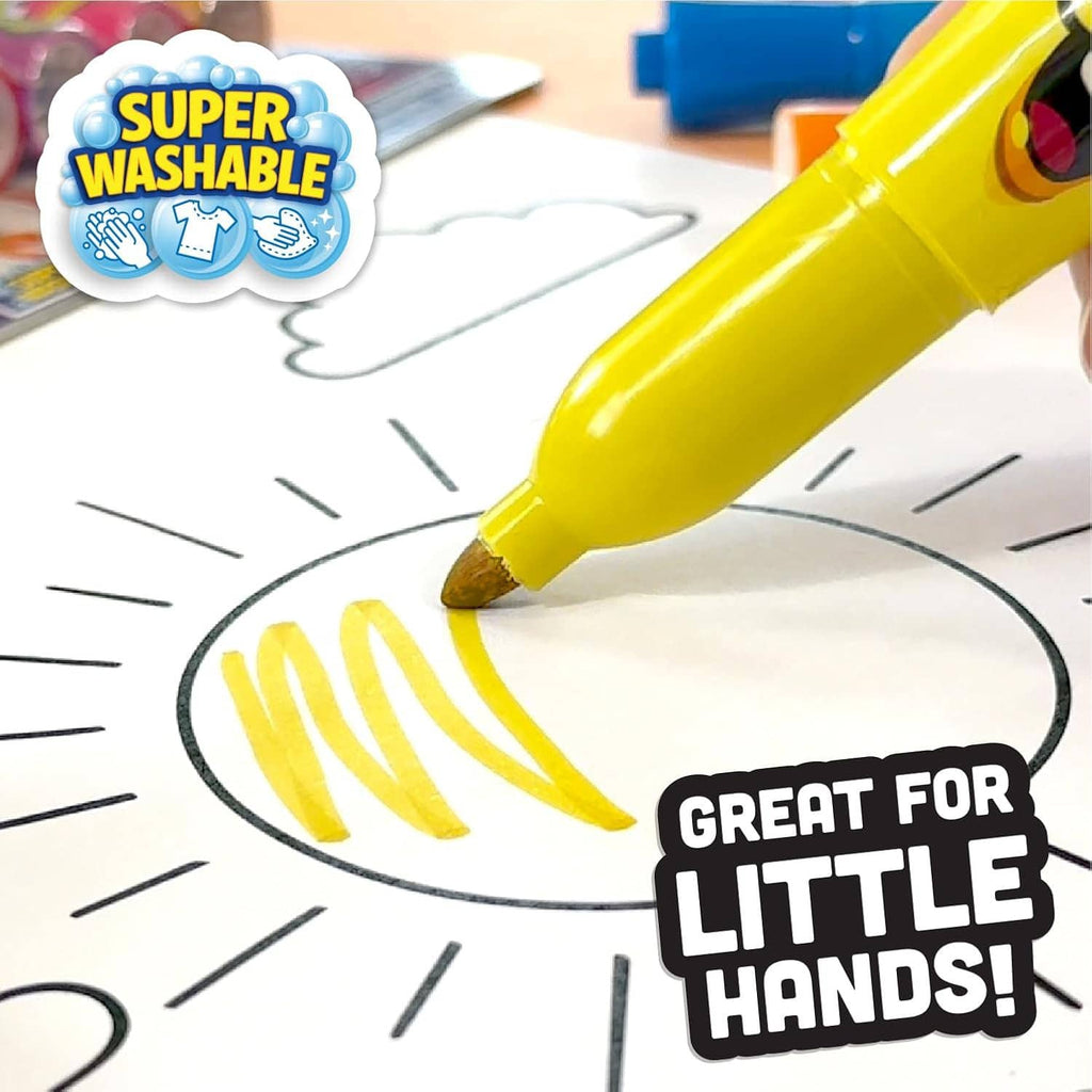 Yellow jumbo marker drawing thick lines inside a circular outline on paper