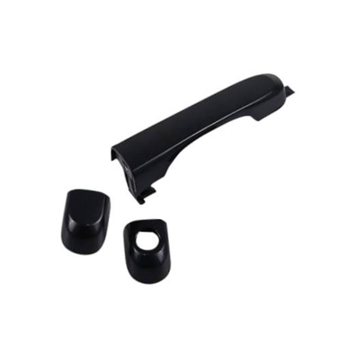 Black exterior door handle with two mounting covers and retainer piece