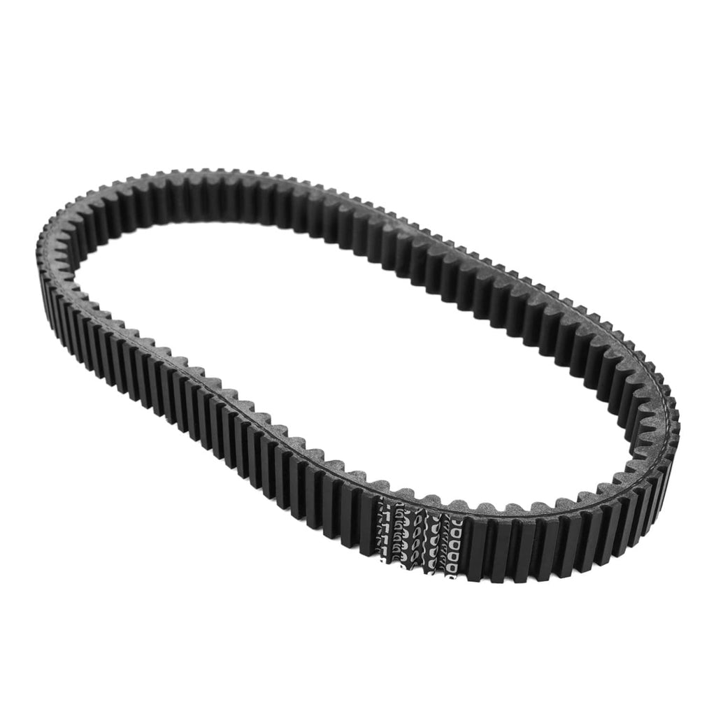 Black clutch drive belt in angled view with ribbed teeth and printed-pattern connector