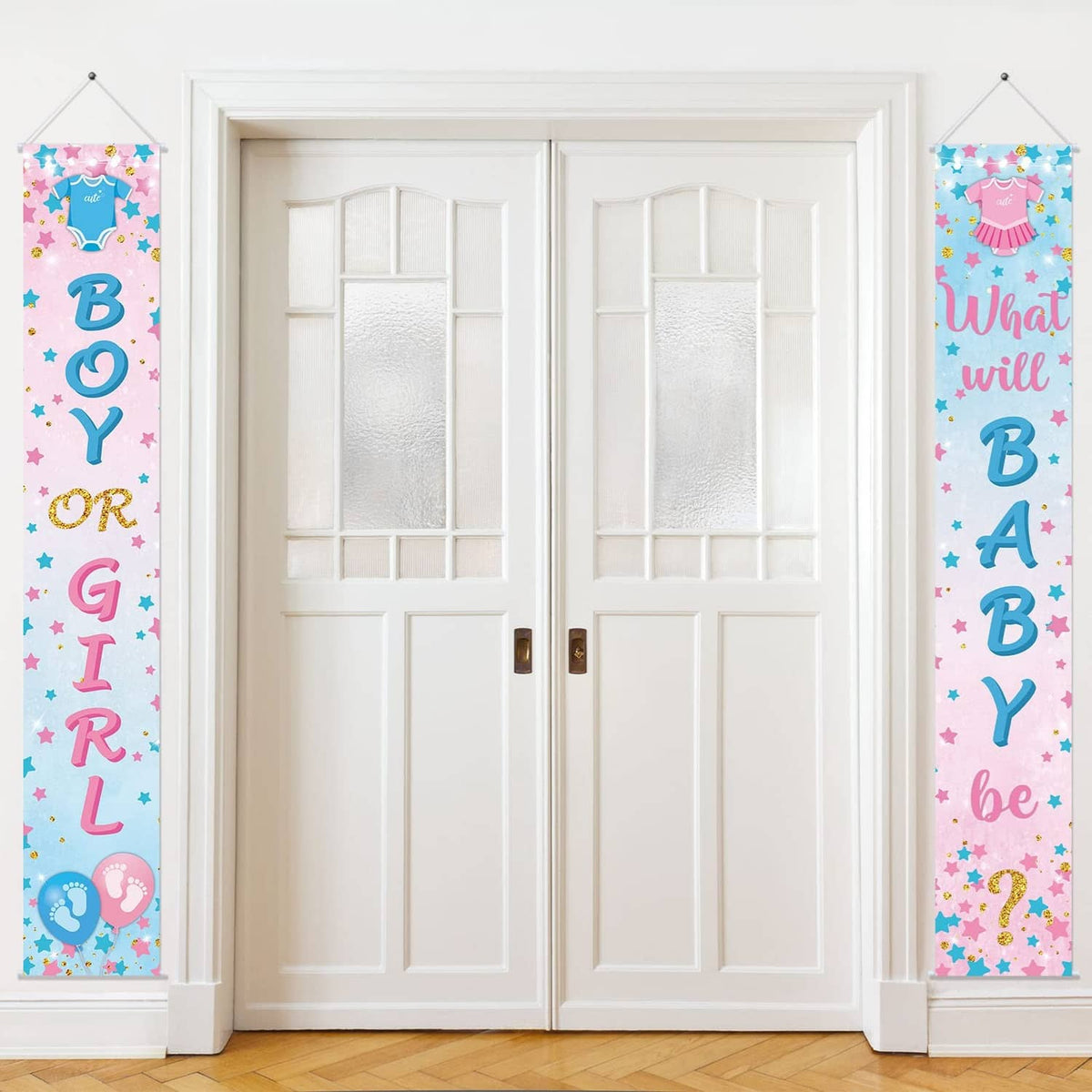 Pair of vertical porch banners: "BOY OR GIRL" and "What will BABY be?"