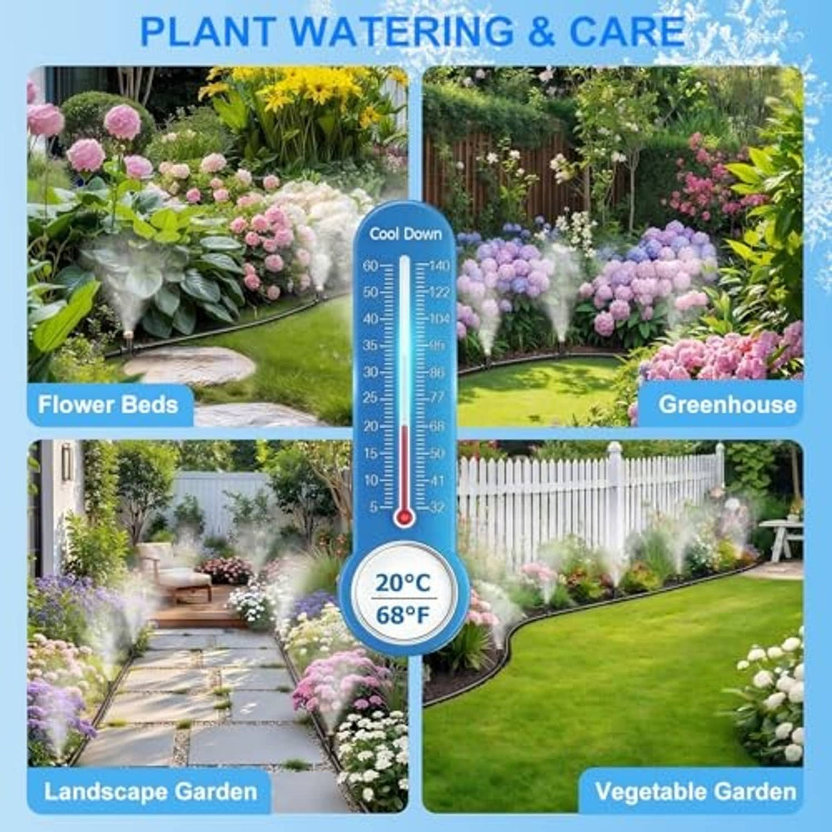 Outdoor misting hose spraying over flower beds and garden plants