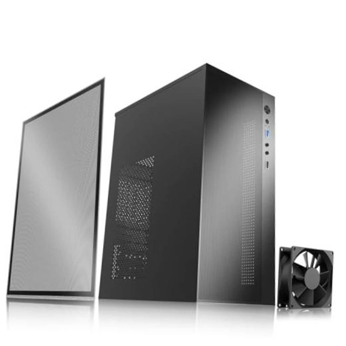 Black PC tower case with open side panels, front I/O ports, and included fan
