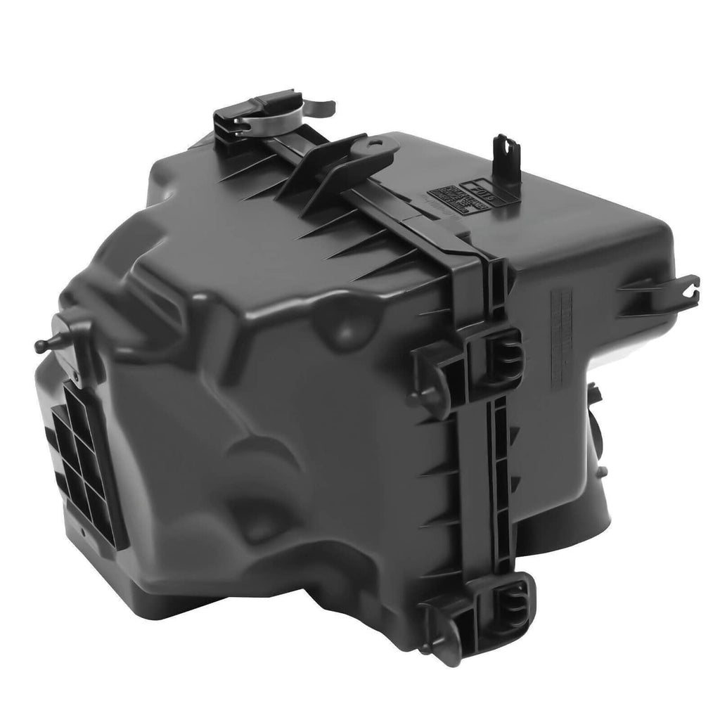 Air cleaner intake housing box, black plastic, rear view with vent slots and connectors
