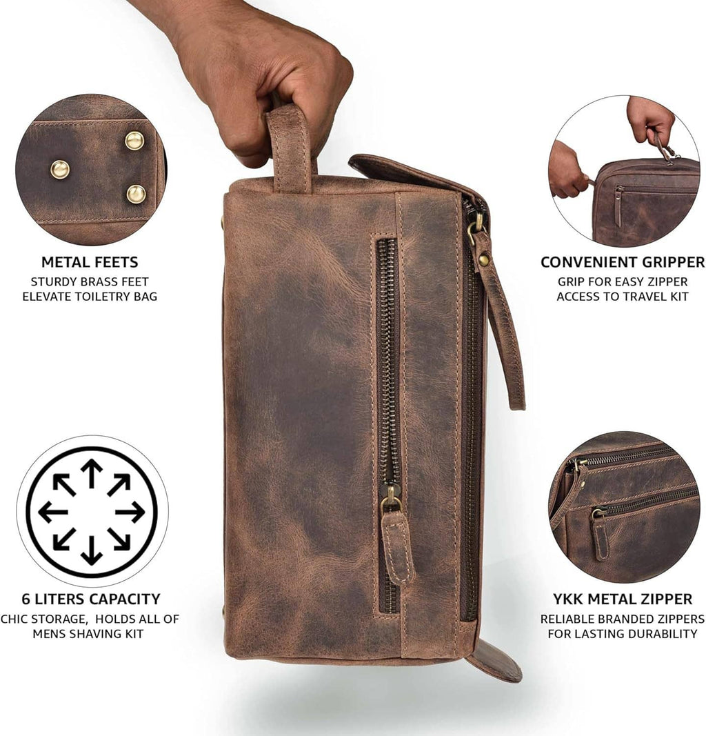 Brown leather travel toiletry bag with metal feet and top grab handle