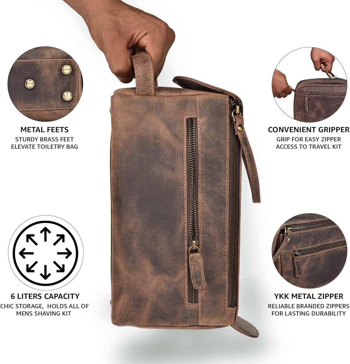 Brown leather travel toiletry bag with metal feet and top grab handle