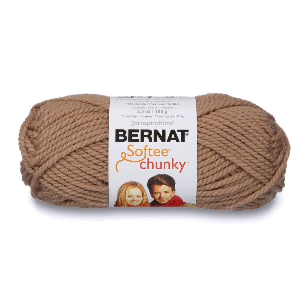 Chunky acrylic yarn ball in taupe with Bernat Softee Chunky label
