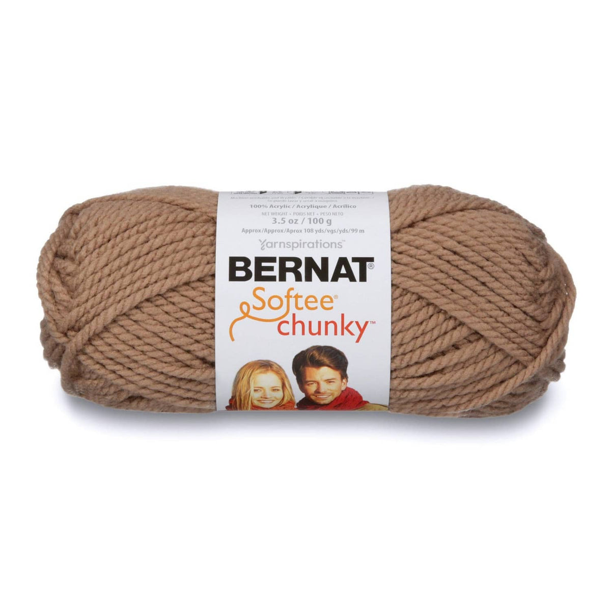 Chunky acrylic yarn ball in taupe with Bernat Softee Chunky label