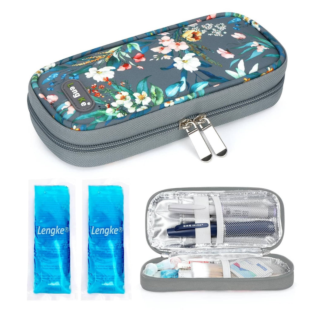 Grey zippered insulin cooler case with floral top and metal double pull tab hardware