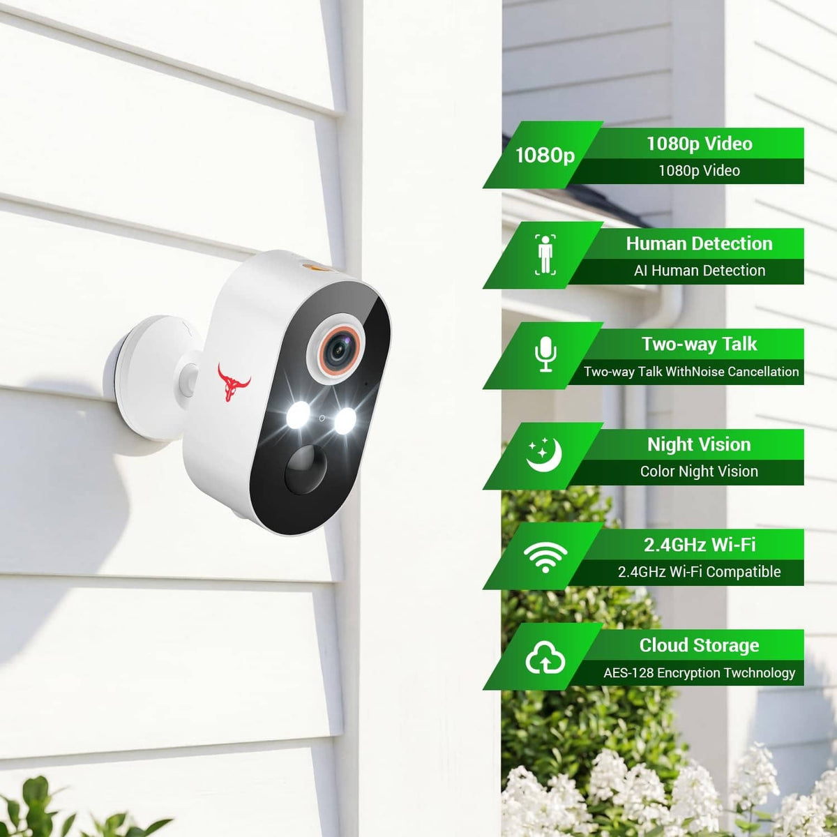 Outdoor wireless security camera close-up in white with black front and bright indicator lights