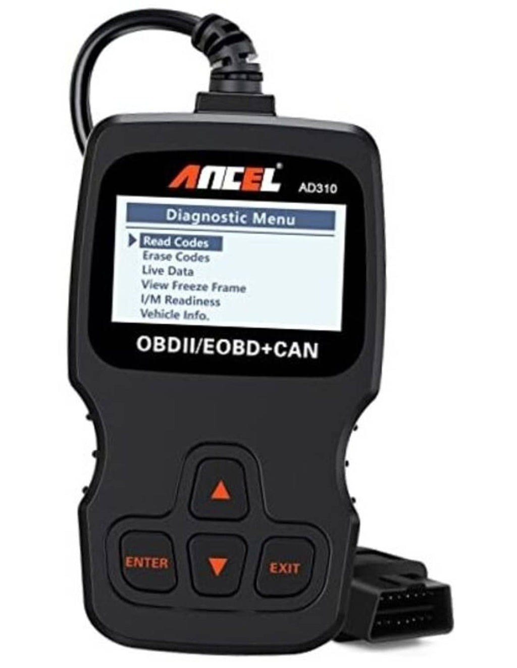 ANCEL AD310 handheld OBD II scanner with diagnostic menu screen and keypad