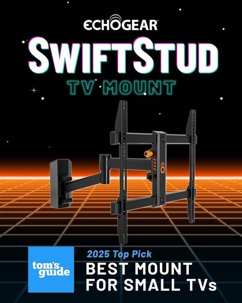 Full motion TV wall mount with black frame, arms, and orange tilt adjustment knob